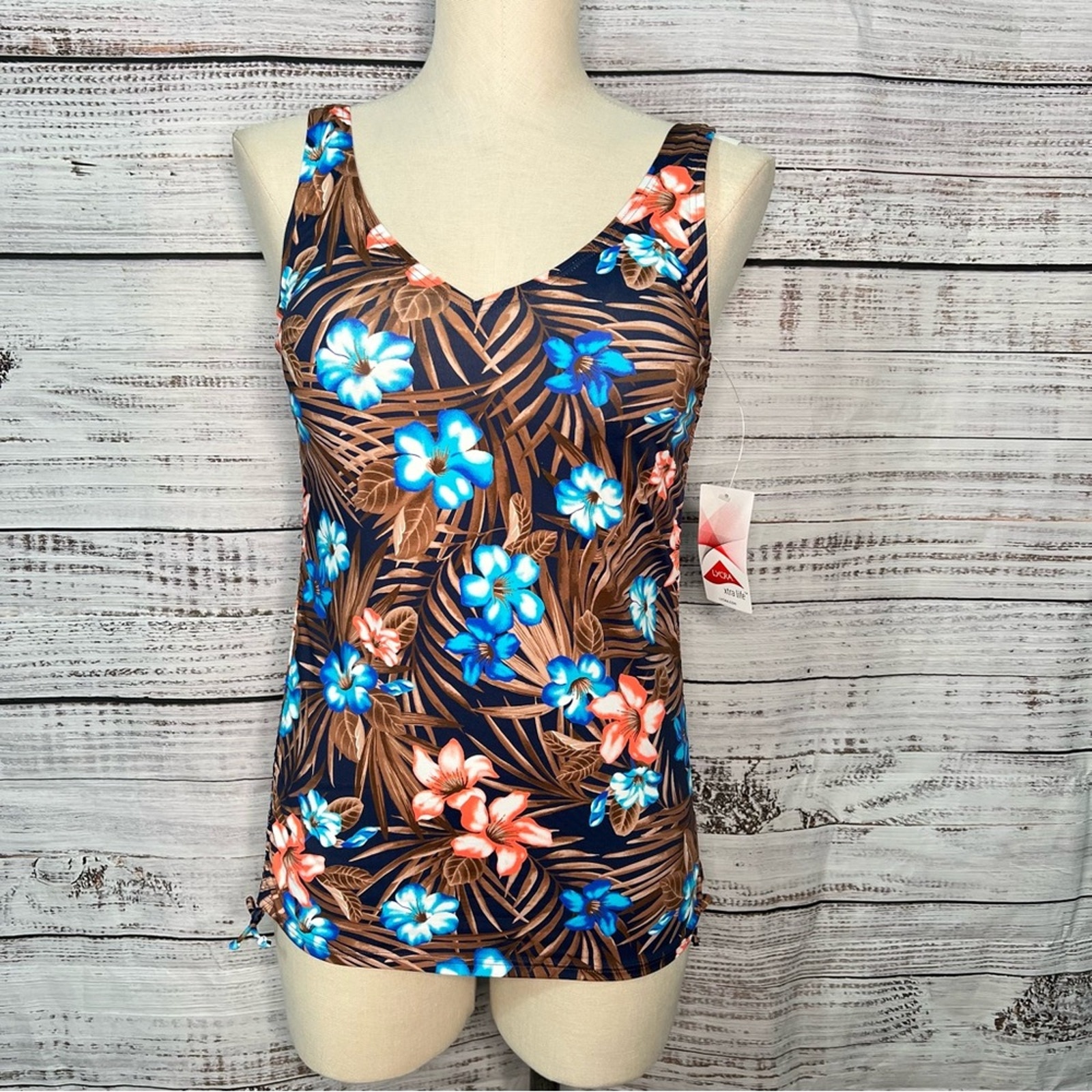 Lands End Size 4 Adjustable V-Neck Underwire Tankini Swimsuit Top Brown Floral